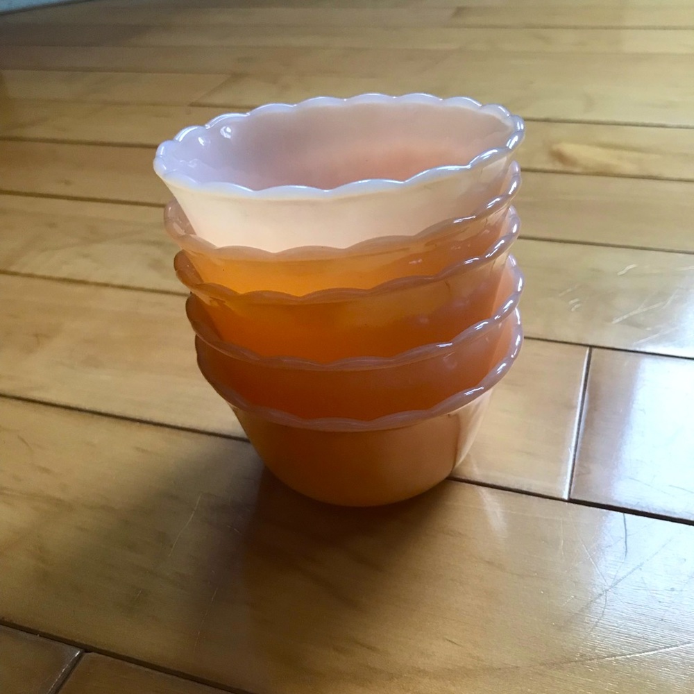 5 Fire King Peach Lustre custard dishes
